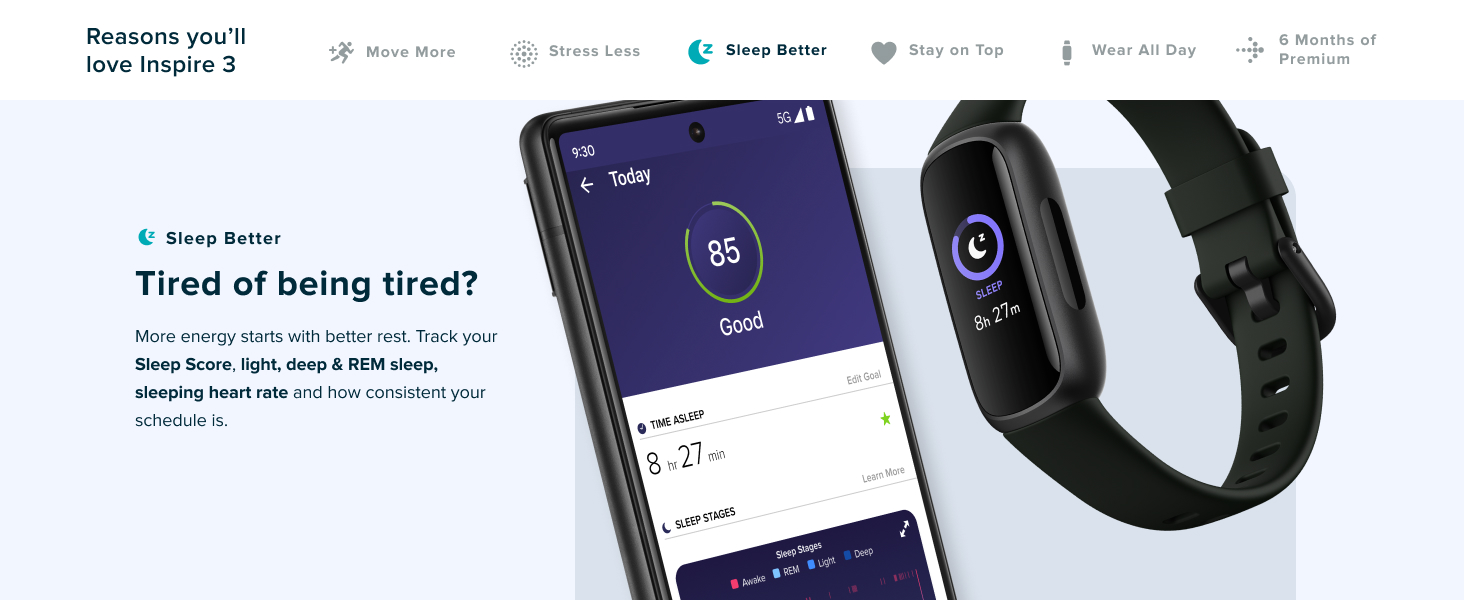 fitbit inspire 3 – fitness & health tracker, sleep, heart rate, stress – midnight zen/black
