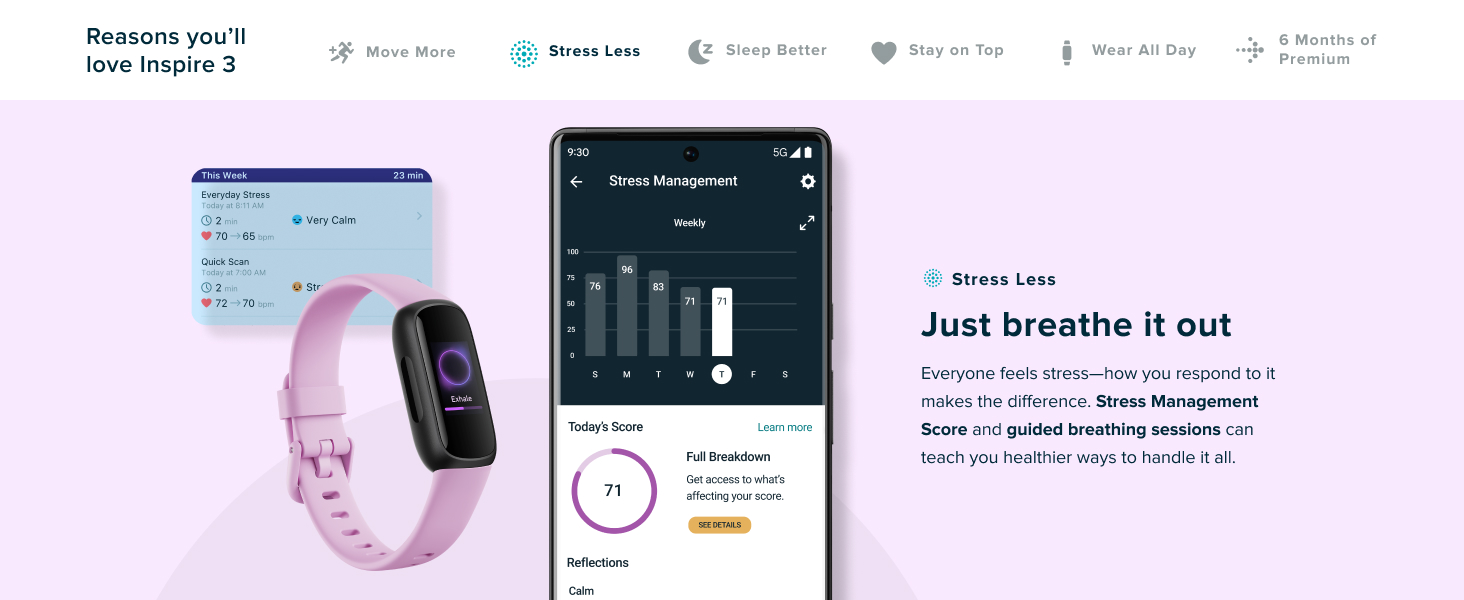 fitbit inspire 3 – fitness & health tracker, sleep, heart rate, stress – midnight zen/black