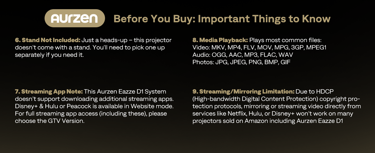 aurzen eazze d1 smart projector, wifi & bluetooth, netflix, auto focus, 1080p, dolby audio, portable outdoor mini projector