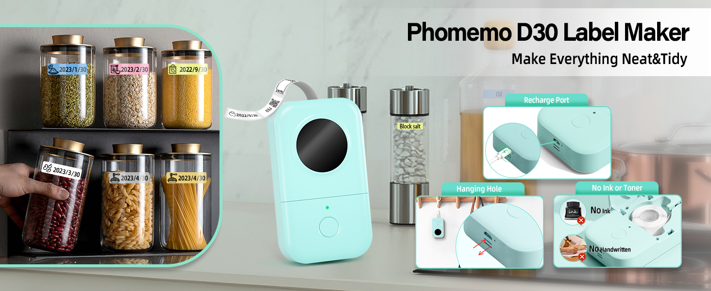 phomemo d30 bluetooth label maker, portable handheld thermal printer, inkless custom stickers for home, kids, school & office