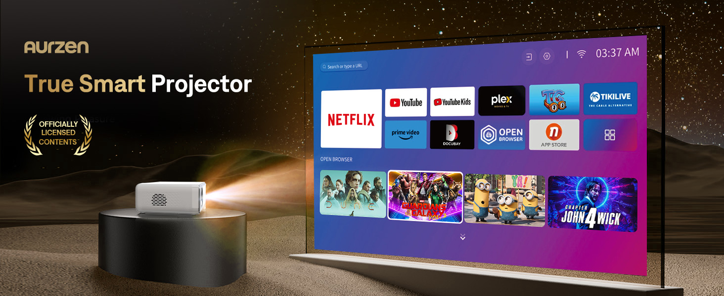 aurzen eazze d1 smart projector, wifi & bluetooth, netflix, auto focus, 1080p, dolby audio, portable outdoor mini projector