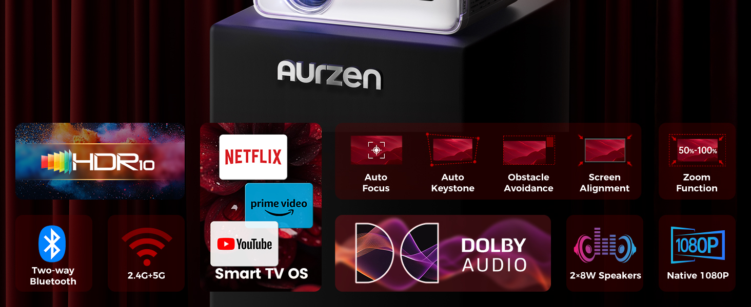 aurzen eazze d1 smart projector, wifi & bluetooth, netflix, auto focus, 1080p, dolby audio, portable outdoor mini projector