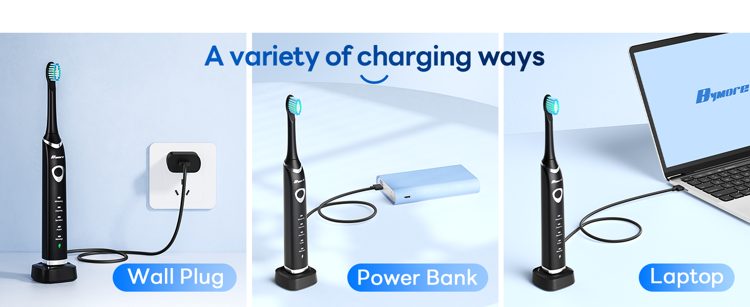 bymore electric toothbrush for adults, travel sonic rechargeable, 8 replacement heads, 5 modes, 330 day battery