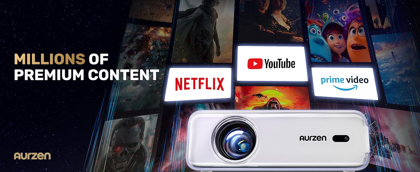 aurzen eazze d1 smart projector, wifi & bluetooth, netflix, auto focus, 1080p, dolby audio, portable outdoor mini projector