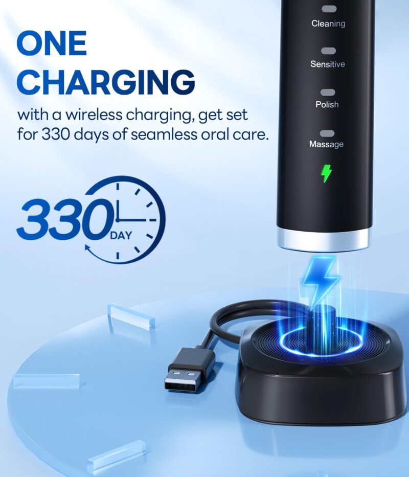 bymore electric toothbrush for adults, travel sonic rechargeable, 8 replacement heads, 5 modes, 330 day battery