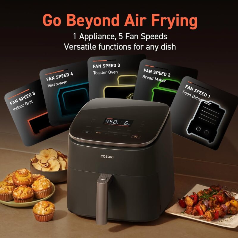 cosori 9 in 1 air fryer 6qt – turboblaze, crispy low oil frying, roast, bake, reheat, quick healthy meals, dishwasher safe