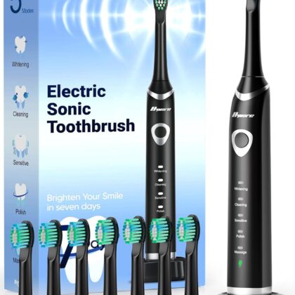 bymore electric toothbrush for adults, travel sonic rechargeable, 8 replacement heads, 5 modes, 330 day battery