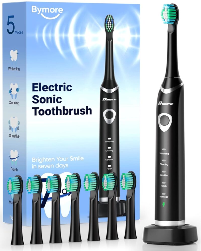 bymore electric toothbrush for adults, travel sonic rechargeable, 8 replacement heads, 5 modes, 330 day battery