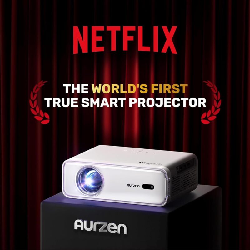 aurzen eazze d1 smart projector, wifi & bluetooth, netflix, auto focus, 1080p, dolby audio, portable outdoor mini projector