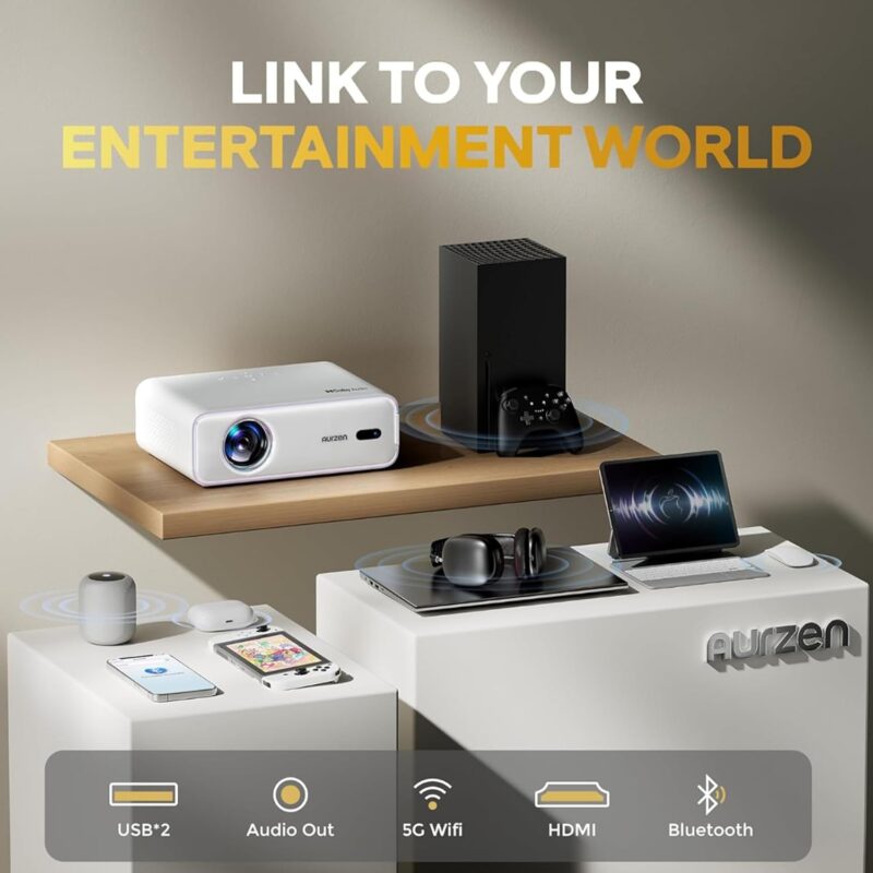 aurzen eazze d1 smart projector, wifi & bluetooth, netflix, auto focus, 1080p, dolby audio, portable outdoor mini projector