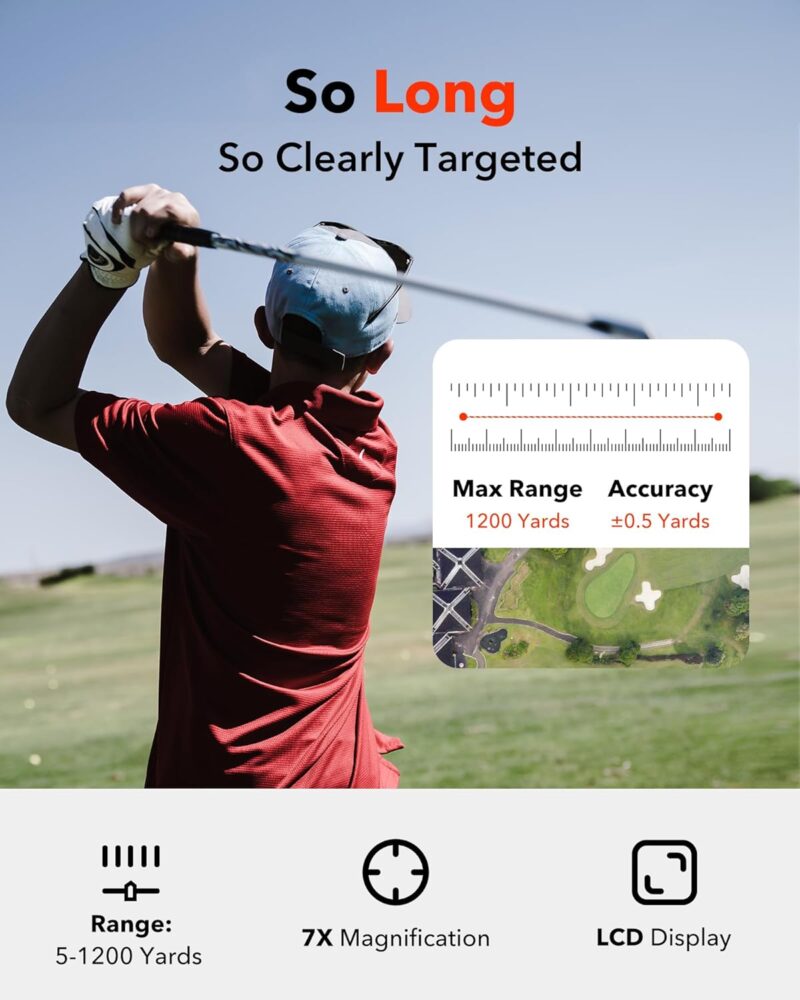 redtiger golf rangefinder with slope, 1200y laser, 7x magnification, flag lock vibration, rechargeable – golfvue series 1