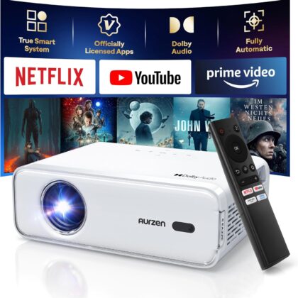 aurzen eazze d1 smart projector, wifi & bluetooth, netflix, auto focus, 1080p, dolby audio, portable outdoor mini projector