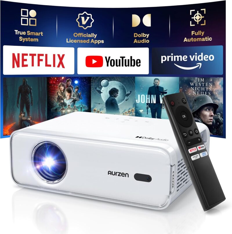 aurzen eazze d1 smart projector, wifi & bluetooth, netflix, auto focus, 1080p, dolby audio, portable outdoor mini projector