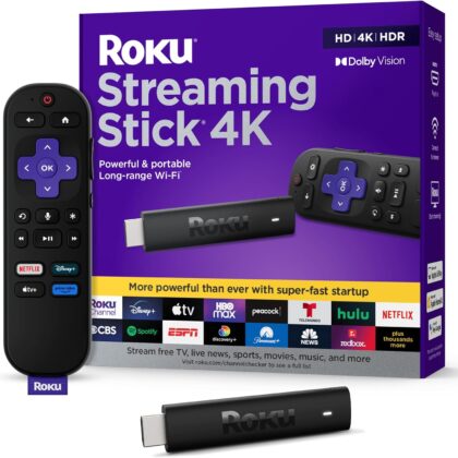 roku 4k streaming stick – hdr, dolby vision, voice remote, long range wi fi & free live tv